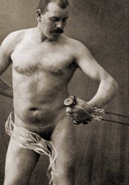 - - - Nude male holding the handle of a cable machine c1910 (sepia - (MeisterDrucke-636213)